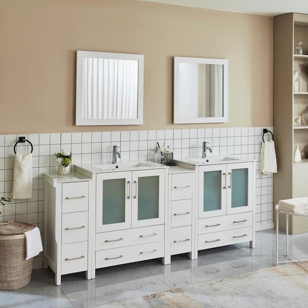 Brescia 84 in. W x 18 in. D x 36 in. H Bath Vanity in White with Vanity Top in White with White Basin and Mirror