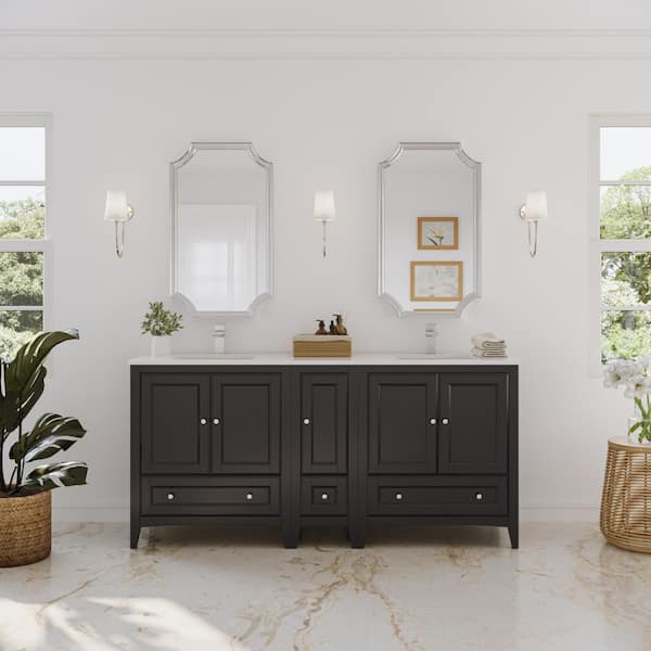 Fresca Oxford 72 in. Double Vanity in Espresso with Quartz Stone Vanity Top in White with White Basins with Side Cabinet