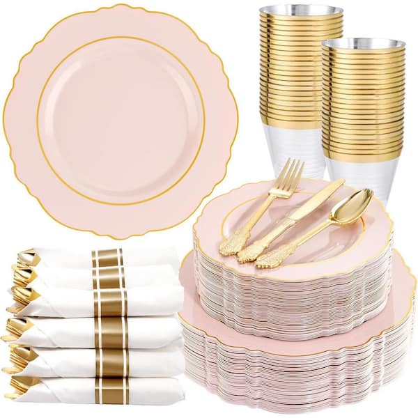 Pink and Gold Disposable Plastic Plates Set for 50-Guests (350-Pieces)