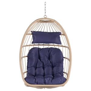 Wicker Egg Chair Patio Backyard Living Room Indoor/Outdoor Chaise Lounge with Blue Cushions
