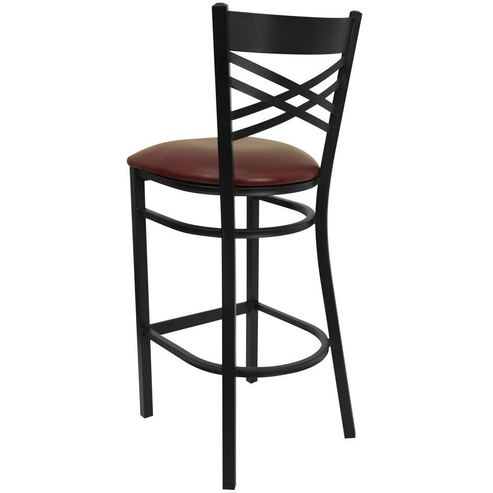 Cross-Back Black Metal Barstool with Burgundy Vinyl Seat