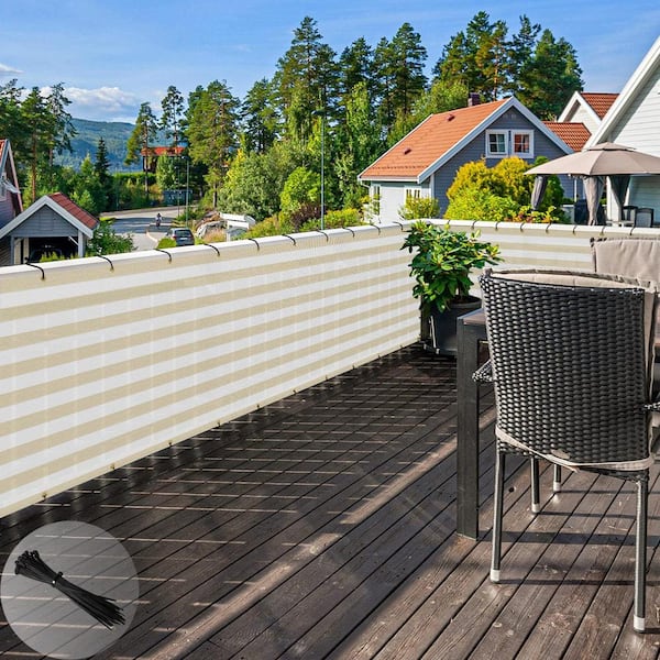 3 ft. x 25 ft. Beige White Stripes Balcony Privacy Fence Screen with UV Blockage for Balcony Porch Patio Deck Yard
