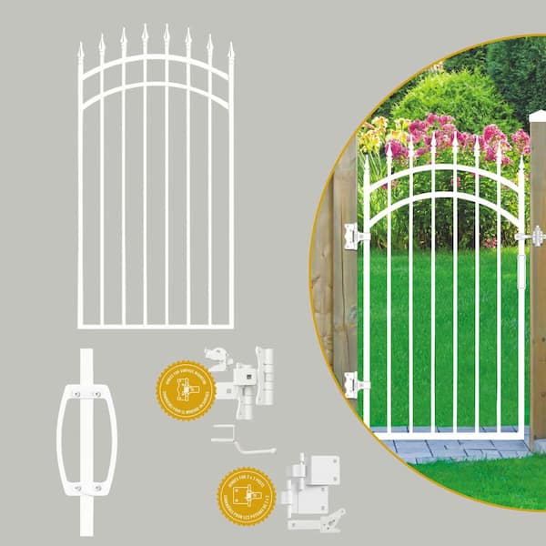 NUVO IRON Glossy White Arched Tiger Eye Steel Gate (33 in. W x 56