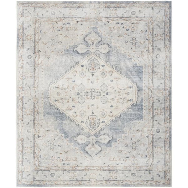 9 ft. x 12 ft. Light Blue Oriental Power Loom Distressed Area Rug
