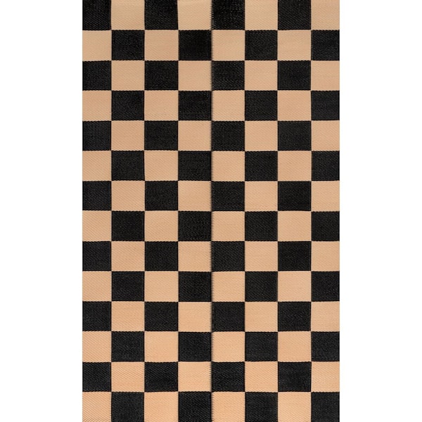 Bishop Geometric Checker Foldable Waterproof Reversible Plastic Straw Black/Cream 5 ft. x 8 ft. Outdoor Rug