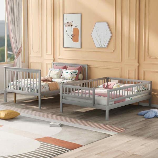 Polibi Gray Full over Full Bunk Bed with Trundle and Staircase