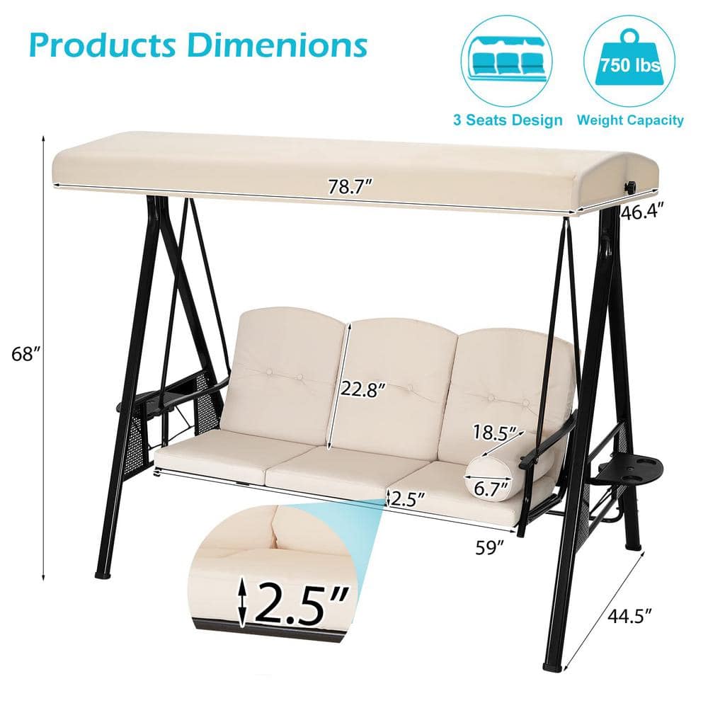 Beige Steel Frame 3-Person Patio Swing with Canopy and Cushions