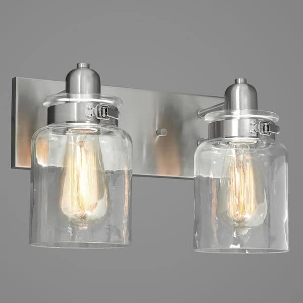 Calhoun Collection 13-1/4 in.2-Light Brushed Nickel Clear Glass Farmhouse Urban Industrial Bathroom Vanity Light