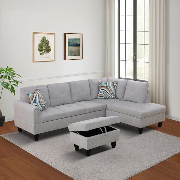 AndMakers 28.5 in. W Gray Flannel Polyester Blend Rectangle Ottoman with Storage