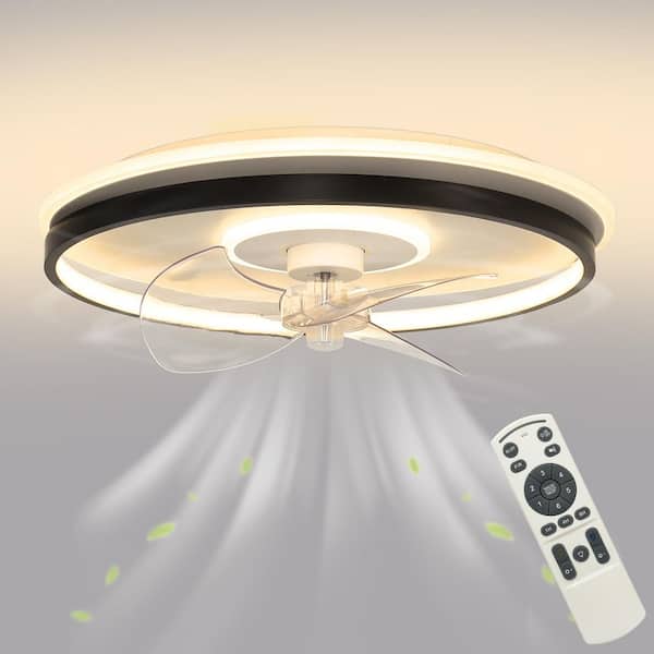 18 in. Modern Black and White Flush Mount Bladeless Ceiling Fan Light with Remote, Low Profile Design for Small Spaces