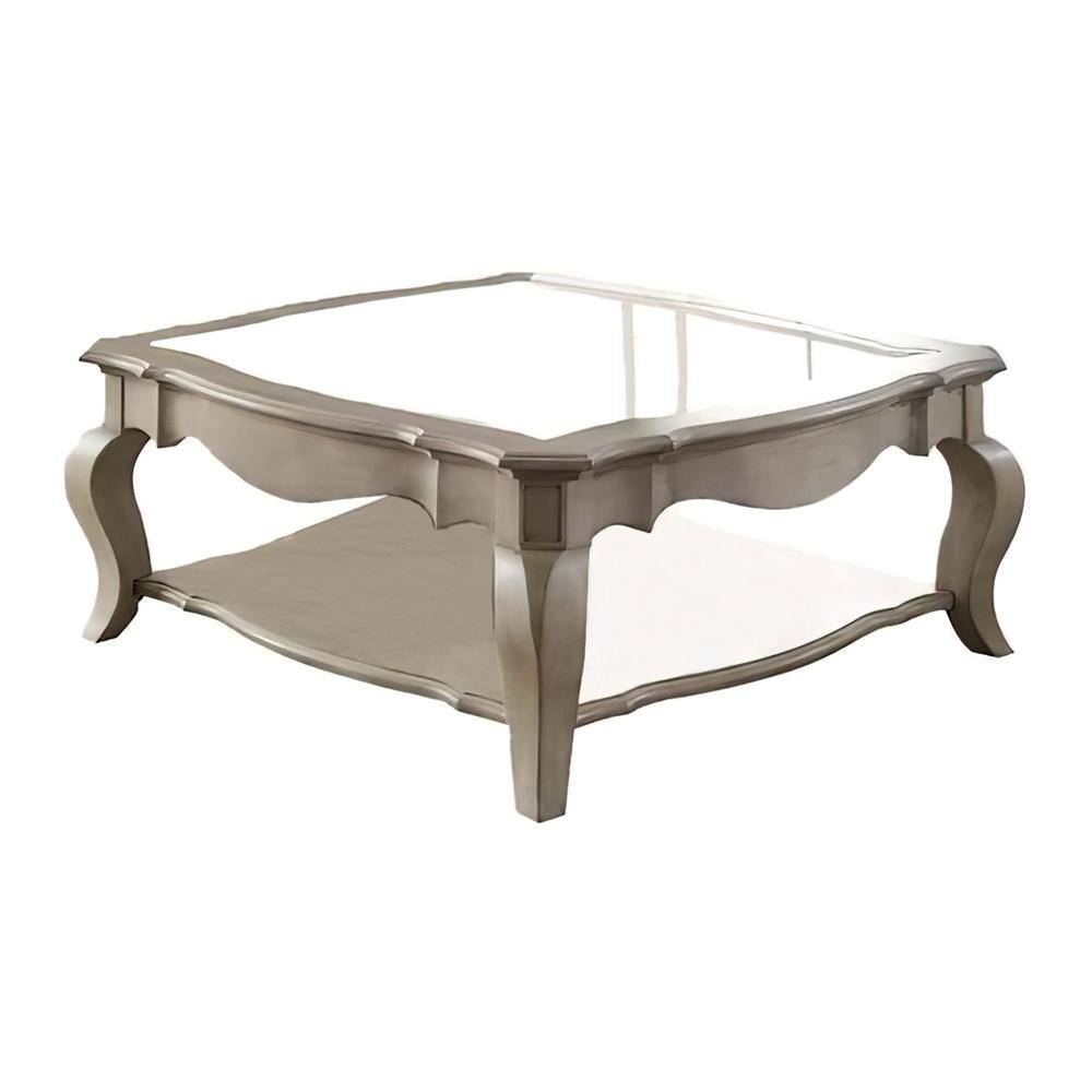 Antique Brown Square Wood & Glass Coffee Table with Storage Shelf
