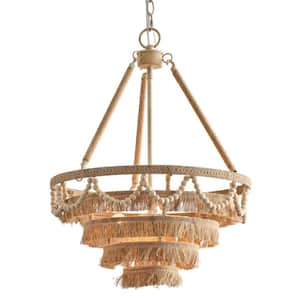 3-Light Weathered White Bohemia Tiered Rope Chandelier with Wood Beads for Dining Room