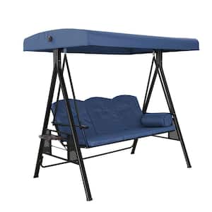 3-Person Dark Brown Steel Patio Swing with Navy Blue Removable Cushions and Adjustable Canopy