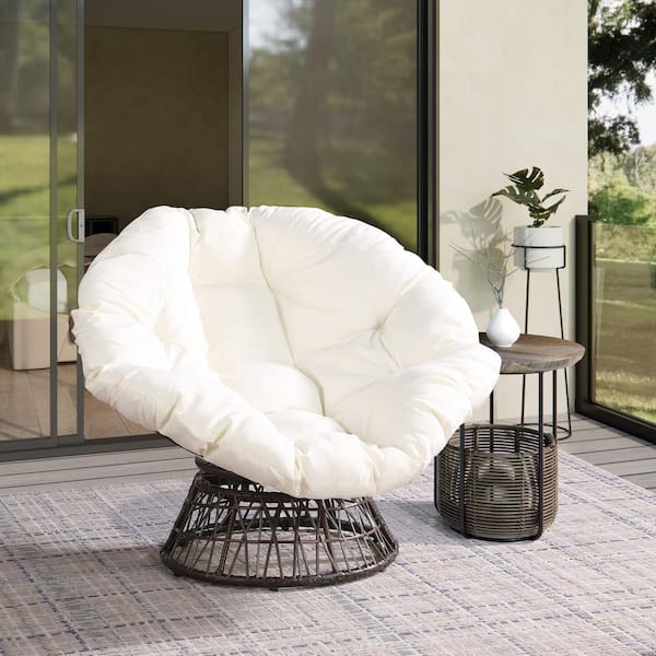 THY-HOM Dark Brown Papason Wicker Outdoor Lounge Chair with Beige Cushion