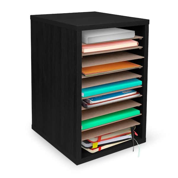 11-Compartment Wood Vertical Paper Sorter Literature File Organizer, Black