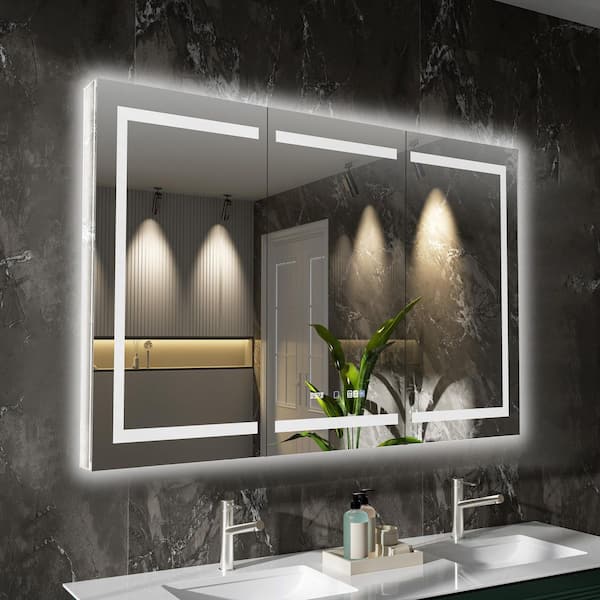 AZDHOME 48 in. W x 36 in. H Rectangular Silver Aluminum Recessed/Surface Mount Medicine Cabinet with Mirror, LED and Clock