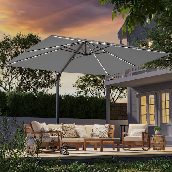 10 x 8 ft. Metal LED Rectangle Cantilever Patio Umbrella Solution-Dyed Fabric and 360° Rotation System in Gray