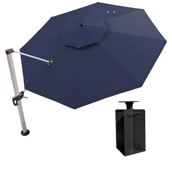 PURPLE LEAF 13 ft. Octagon High-Quality Aluminum Cantilever Polyester Outdoor Patio Umbrella with Base in Ground, Navy Blue