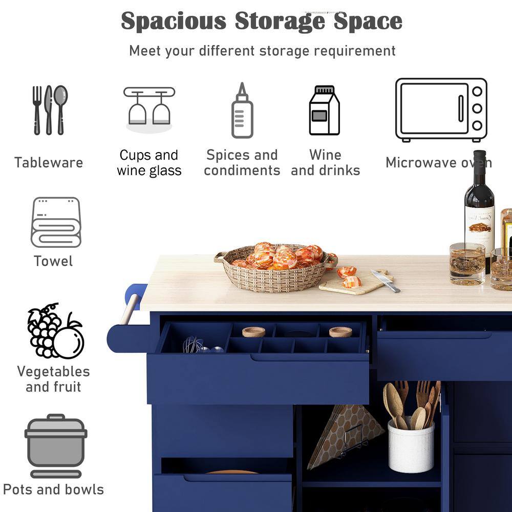 Blue Rubber Wood MDF Kitchen Cart with Spice Rack and Locking Wheels - thumbnail 6