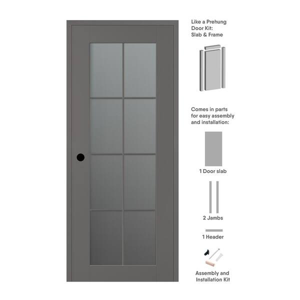 Belldinni Vona 18 in. x 80 in. Right-Hand 8-Lite Frosted Glass Gray Matte Composite DIY-Friendly Single Prehung Interior Door