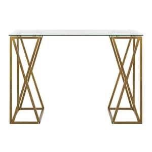 44 in. Rectangular Clear/Gold Writing Desk with Glass Top