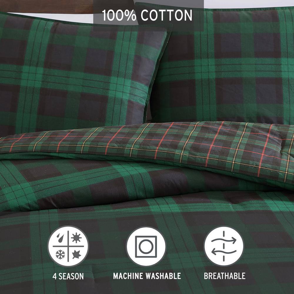 Full/Queen Green Cotton Woodland Tartan Reversible Duvet Cover Set