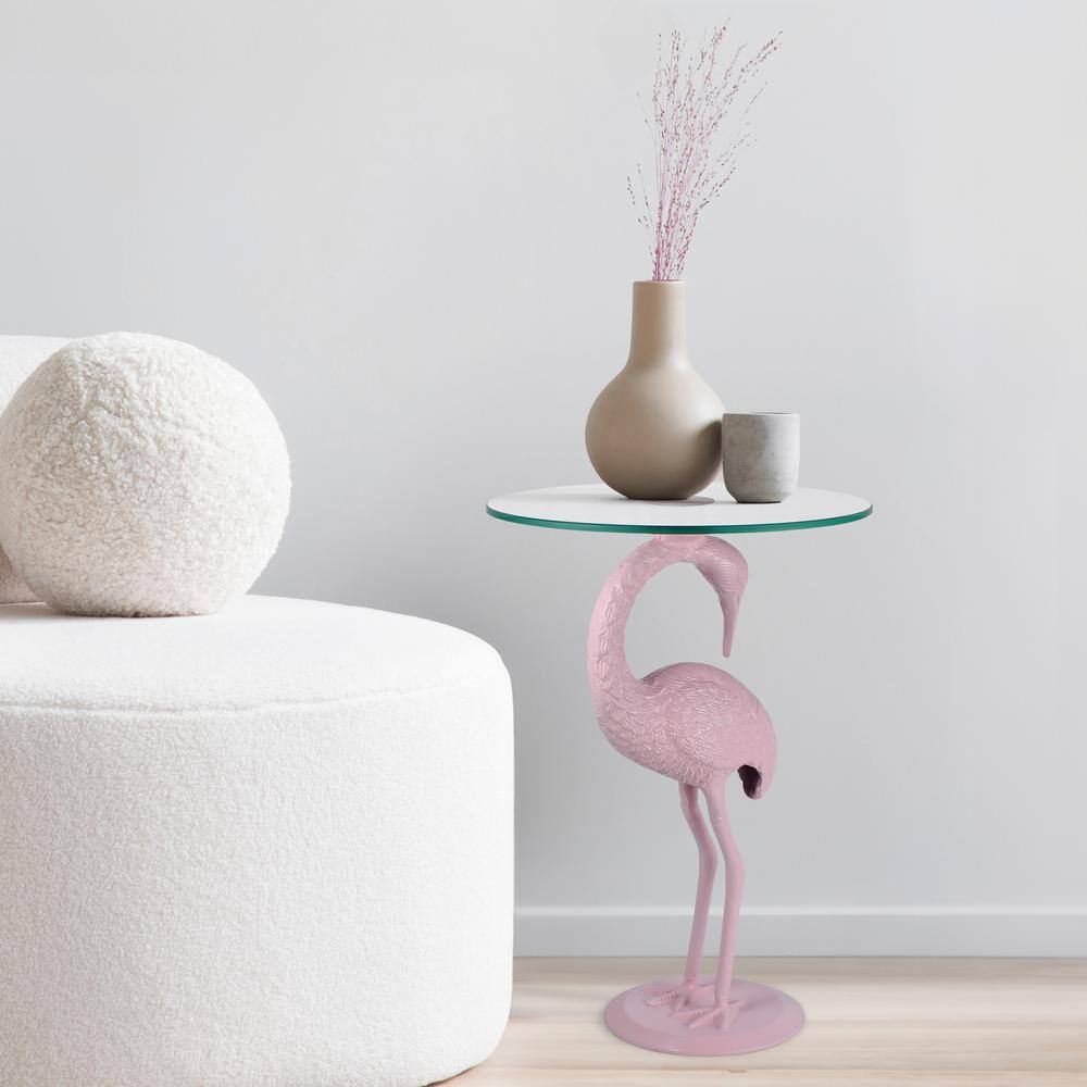 Blanche Pink Flamingo Round Glass Top Mid-Century End Table
