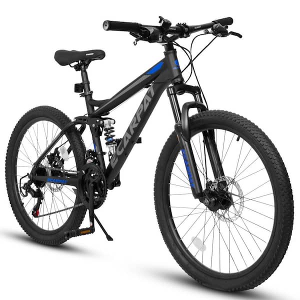 27 in. Black Steel Mountain Bike, 21-Speed Full Suspension, Disc Brakes Grip Shifter Front Fork Rear Shock Absorber