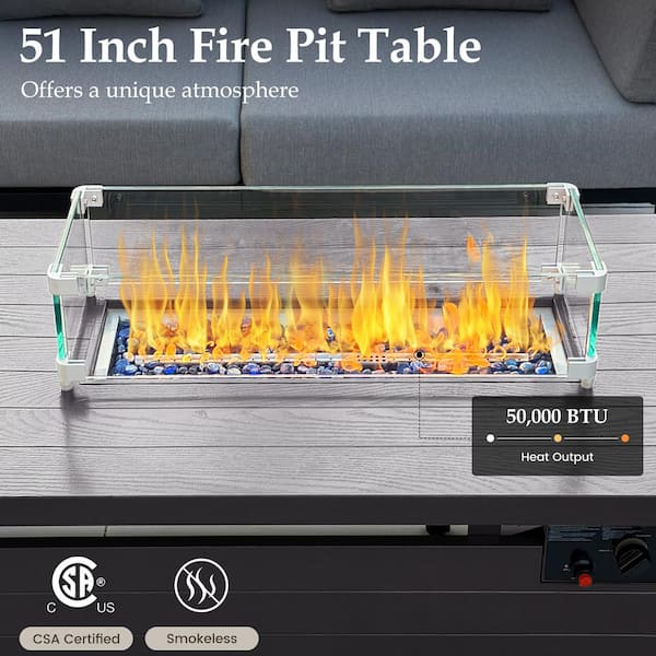 Gray 51 in. 50000 BTU Rectangular Propane Outdoor Fire Pit Table with Glass Wind Guard Lid Fire Glass Beads