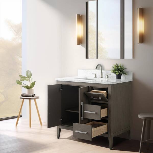 Vanity Art 36 in. W x 22 in. D x 34 in. H Single Sink Bathroom Vanity in Driftwood Gray with Engineered Marble Top