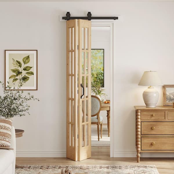30 in. x 84 in. Full Lite Pre Assembled Clear Glass Brown Solid Core Wood Bi-fold Door with Hardware