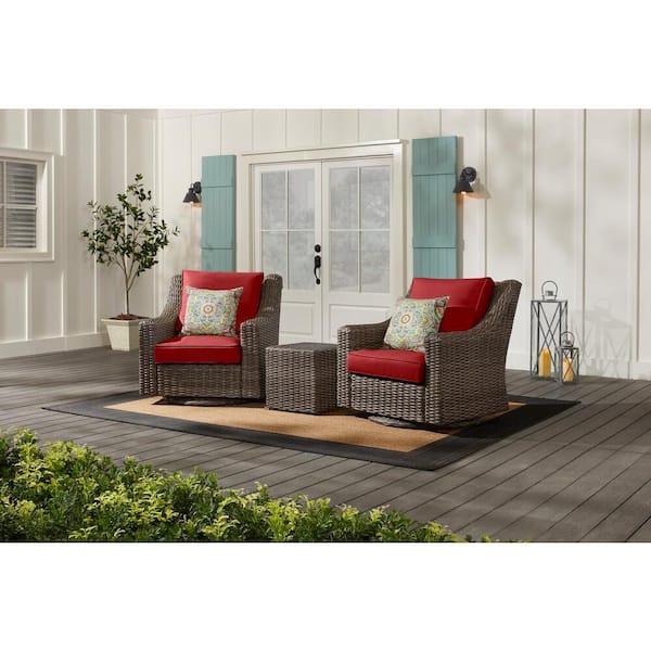 Hampton Bay Rock Cliff Brown 3-Piece Wicker Outdoor Patio Seating Set with CushionGuard Chili Red Cushions