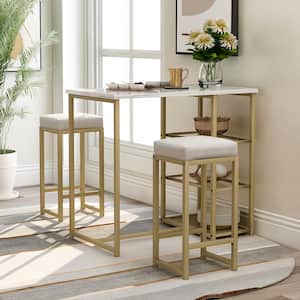 3-Piece Rectangular White and Gold Faux Marble Countertop Modern Bar Table Set and Bar Stools