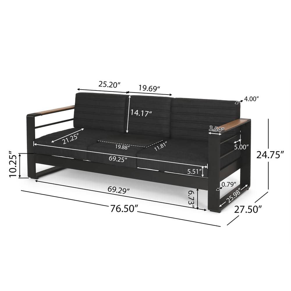 Modern Black and Natural Wood Three-Seater Outdoor Sofa