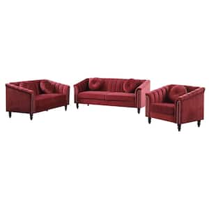 StarHomeLiving 75 in. W Round Arm 3-Piece Velvet Rectangular Sectional Sofa in Red