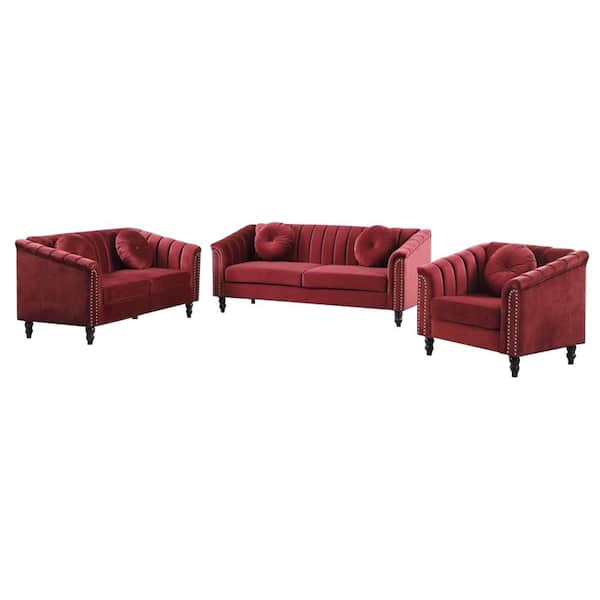 Star Home Living 75 in. Round Arm 3-Piece Velvet L-Shaped Sectional Sofa in Burgundy