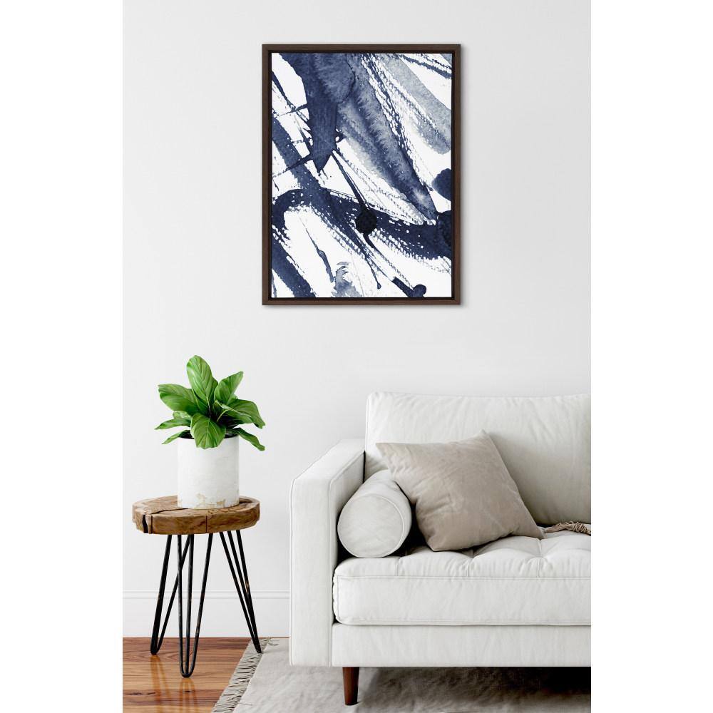 Indigo Watercolor Abstract Canvas Print with Brown Frame