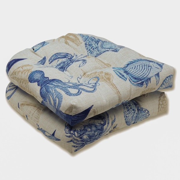 Pillow Perfect Tropical 19 in. x 19 in. Outdoor Dining Chair Cushion in Blue/Tan (Set of 2)