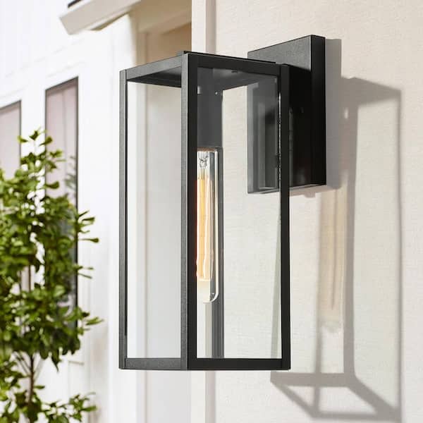 Modern Black 1-Light Outdoor Wall Lantern Industrial Rectangle Exterior Wall Sconce with Clear Glass Shade for Patio