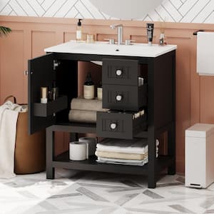 30 in. W x 18.3 in. D x 33.59 in. H Single Sink Freestanding Bath Vanity in Black with White Ceramic Top and Storage