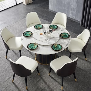 59.05in. Modern Round White Sintered Stone Top Dining Table with Carbon Steel Base Seats (Seats 8)