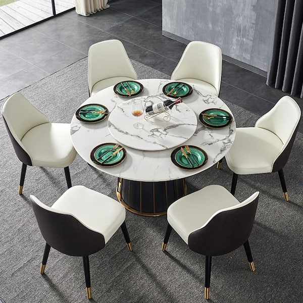 J&E Home 59.05in. Modern Round White Sintered Stone Top Dining Table with Carbon Steel Base Seats (Seats 8)