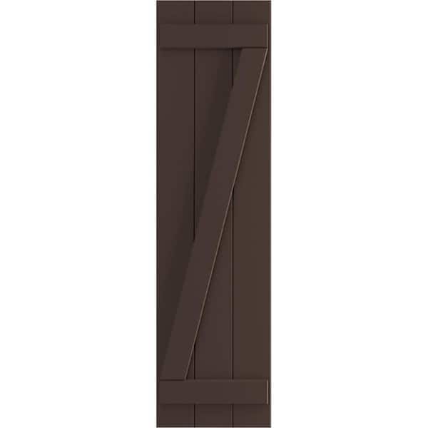 Ekena Millwork 16-1/8 in. x 64 in. True Fit PVC Three Board Joined with Z-Bar Board and Batten Shutters Pair in Raisin Brown