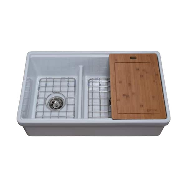 Empire Industries Tosca Farmhouse Fireclay 33 in. 60/40 Double Bowl Kitchen Sink in White with Cutting-Board, Bottom Grid and Strainer