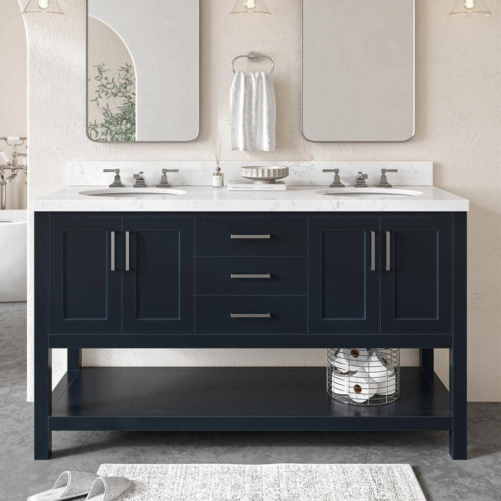 Magnolia 60.25 in. W x 22 in. D x 36 in. H Double Sink Freestanding Bath Vanity in Midnight Blue with Carrara Quartz Top -  ARIEL, S060DCQOVOMNB