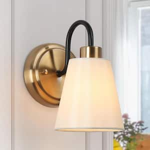 Modern Classic 1-Light Plated Brass and Black Wall Sconce with White Cone Fabric Shade