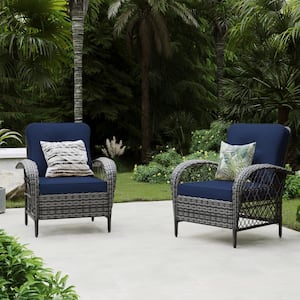 2 Pieces Outdoor Gray Wicker Patio Conversation Sofa Seating Set with Cushions in Navy Blue