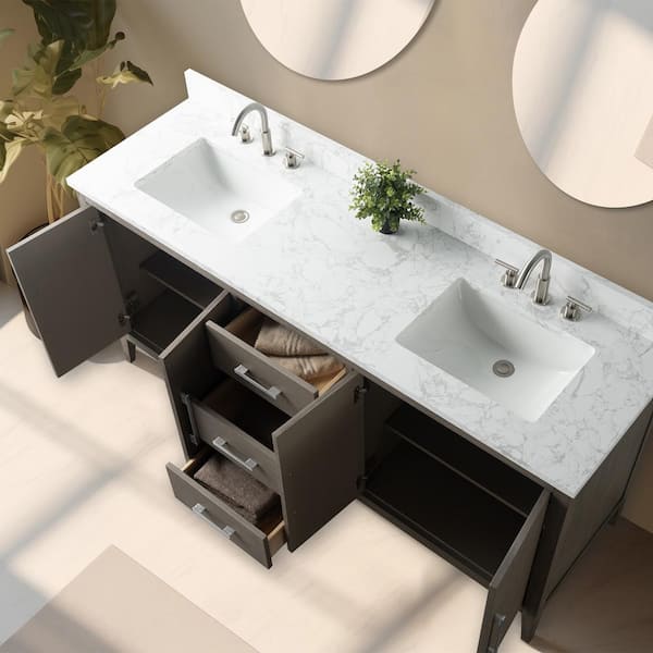 Vanity Art 72 in. W x 22 in. D x 34 in. H Double Sink Bathroom Vanity in Driftwood Gray with Engineered Marble Top