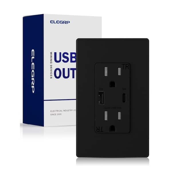 ELEGRP 30-Watt Type A & Type C USB Duplex Wall Outlet for PD and QC, 15 Amp Receptacle, w/Wall Plate (1-Pack, Black)