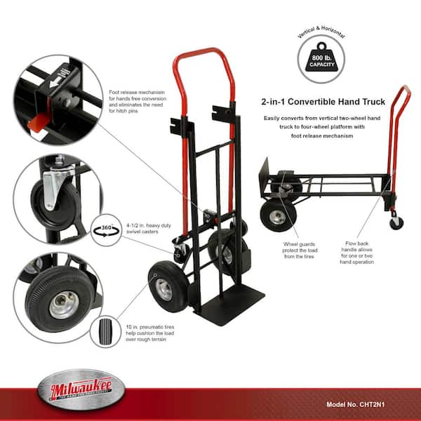 Milwaukee Hand Trucks 35081 Convertible Truck with Puncture Proof Tires, 8